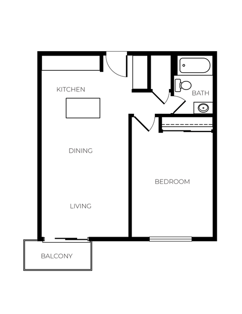 Floor plan for 1 bed, 1 bath, 650 sqft